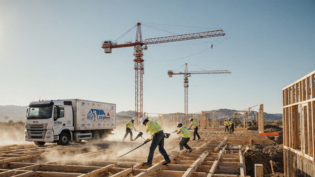 D.R. Horton construction crew building homes in Arizona with digital analytics tablet visible.