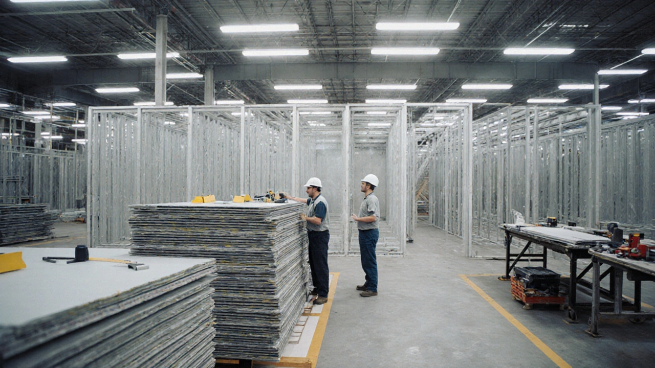 Factory-built home panels being inspected in a clean industrial setting.