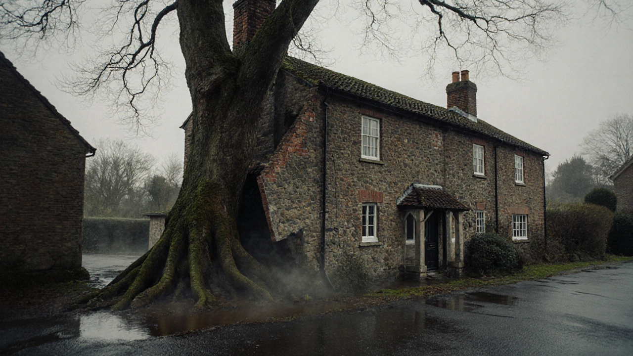 Historic terrace house with leaning chimney and water pooling near foundation.