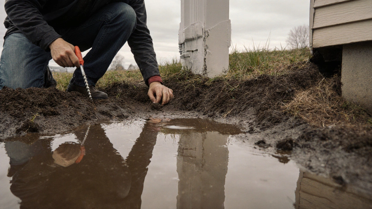 Homeowner testing soil moisture with a screwdriver near a foundation in rainy November, with puddles forming dangerously close.