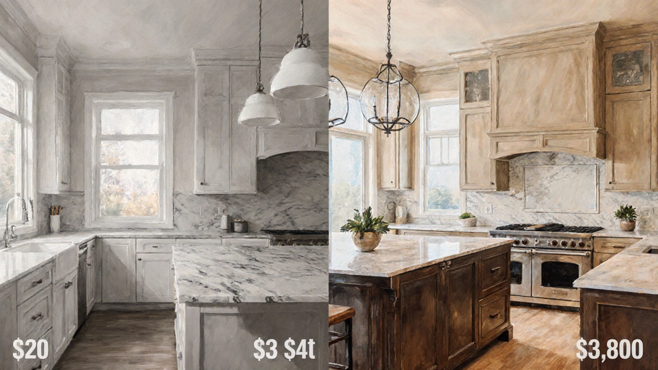 Side-by-side kitchen comparisons: basic laminate countertops versus luxury marble and custom cabinetry in a 3,000 sq ft home.