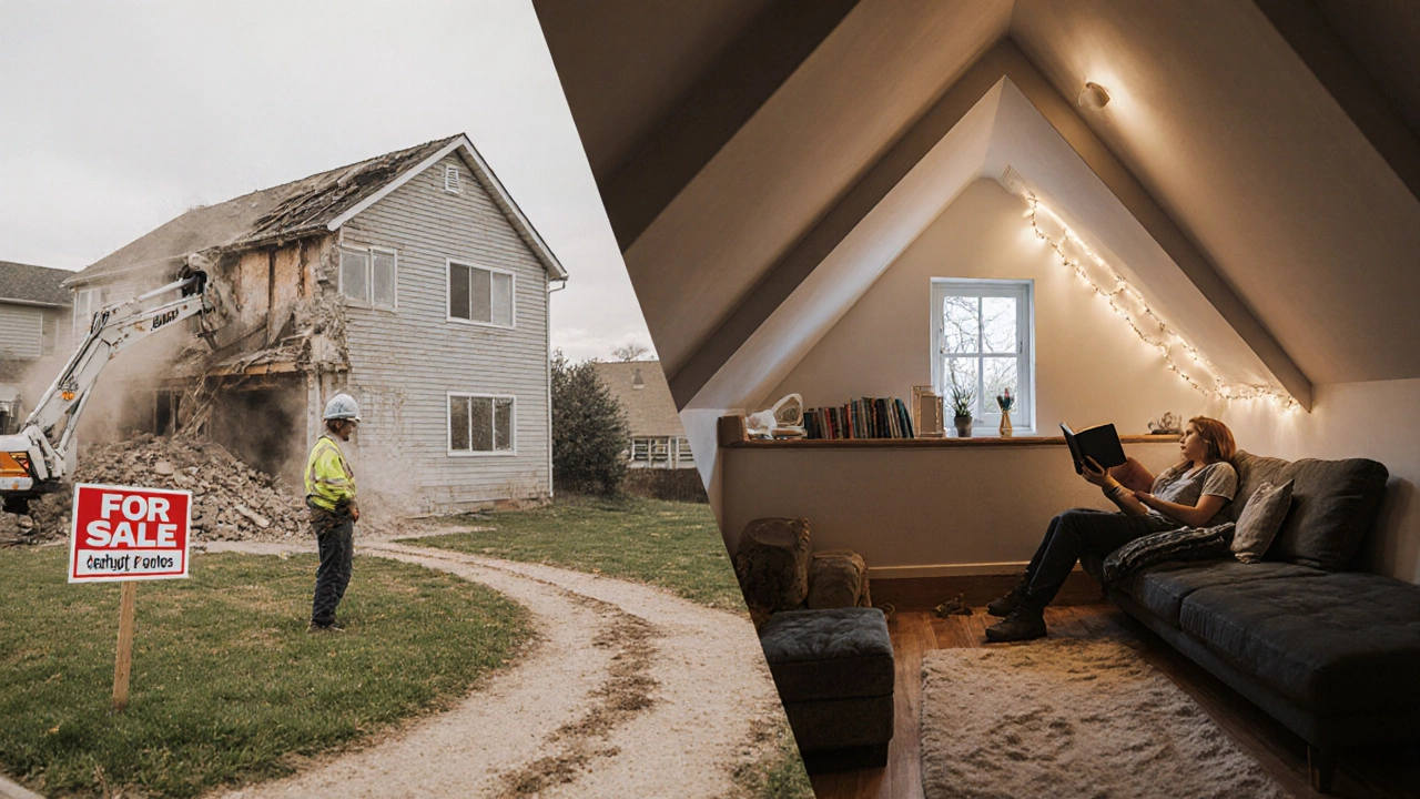Split image: construction chaos vs. peaceful attic reading nook, symbolizing smarter home upgrades.