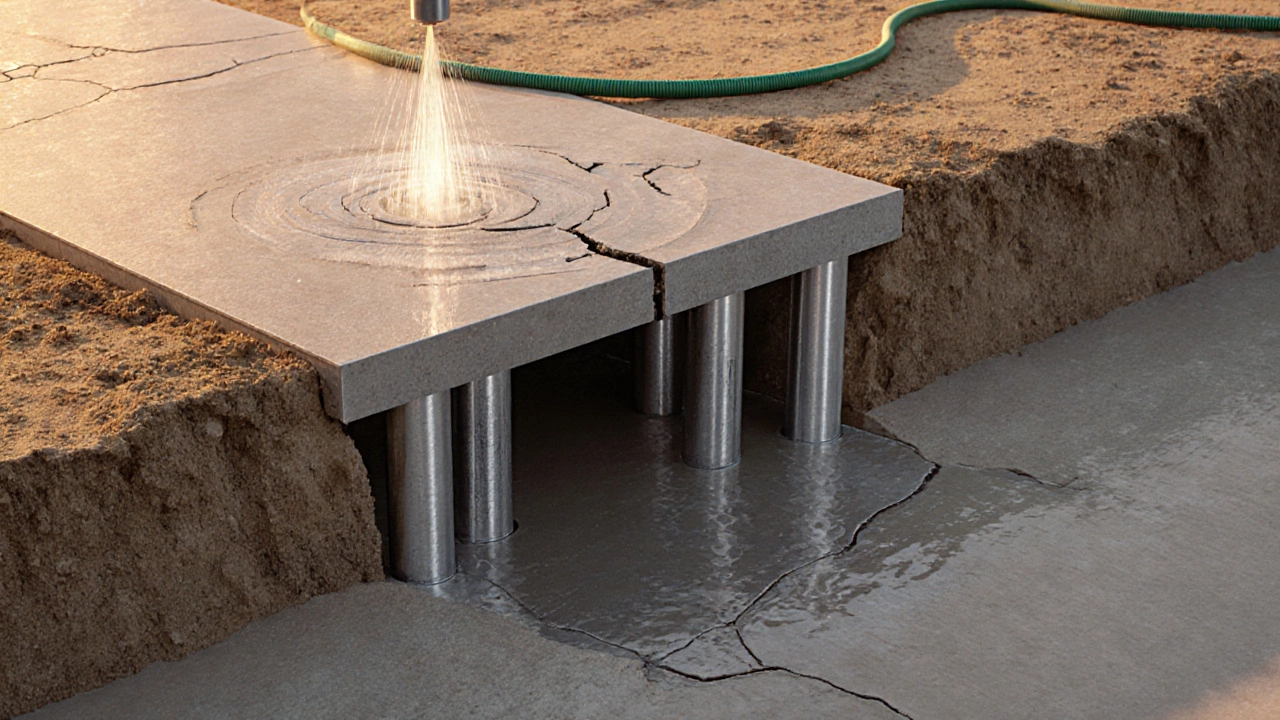 Steel piers stabilizing a cracked foundation while water irrigates the soil.