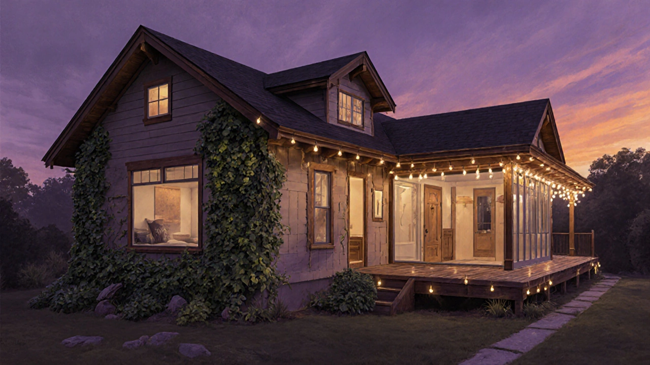 Traditional Craftsman home with seamless master suite addition, twilight lighting, and deck.