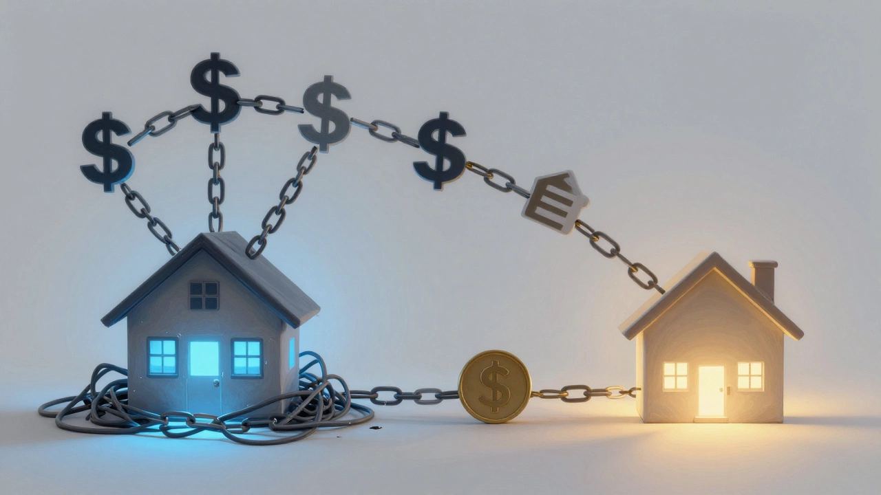 A conceptual visual of financial chains linking lenders to commercial vs. residential properties.