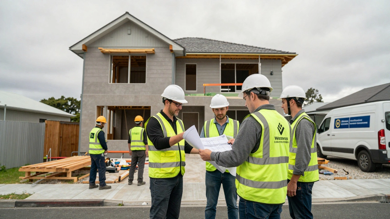 A construction team managing a multi-story home renovation with project manager and signage.