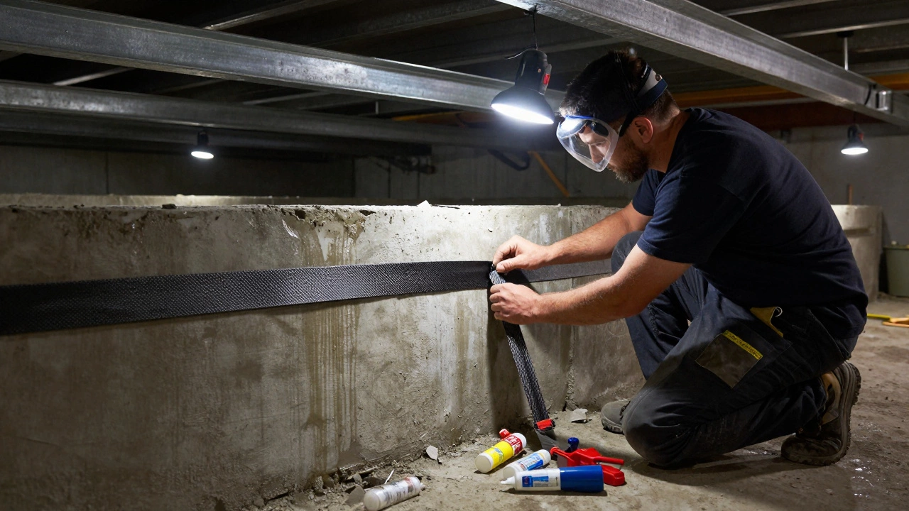 A contractor installing carbon fiber straps to reinforce a horizontal foundation crack in a dim basement.