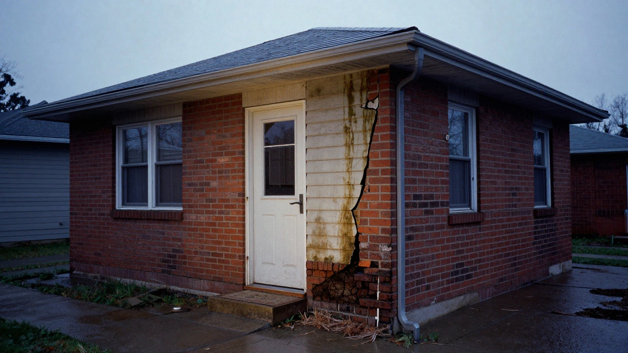 A crack on a home's rear wall with a stuck door and wet carpet visible inside, under rainy evening light.