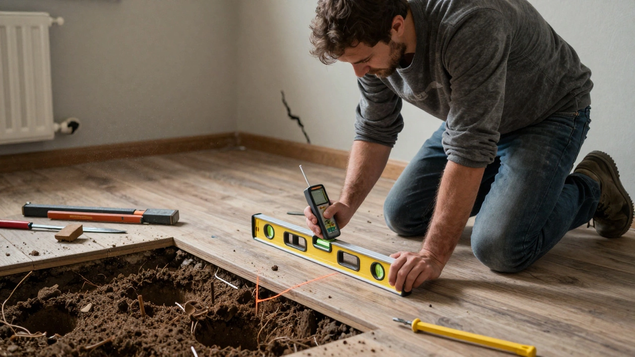 A foundation inspector measuring floor tilt with a laser level in an old home, soil test holes nearby.