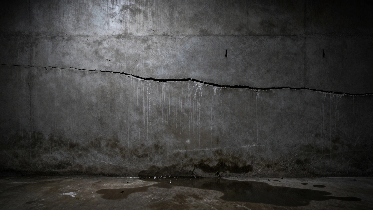 A horizontal crack in a basement wall with water seepage and white efflorescence, indicating structural pressure.