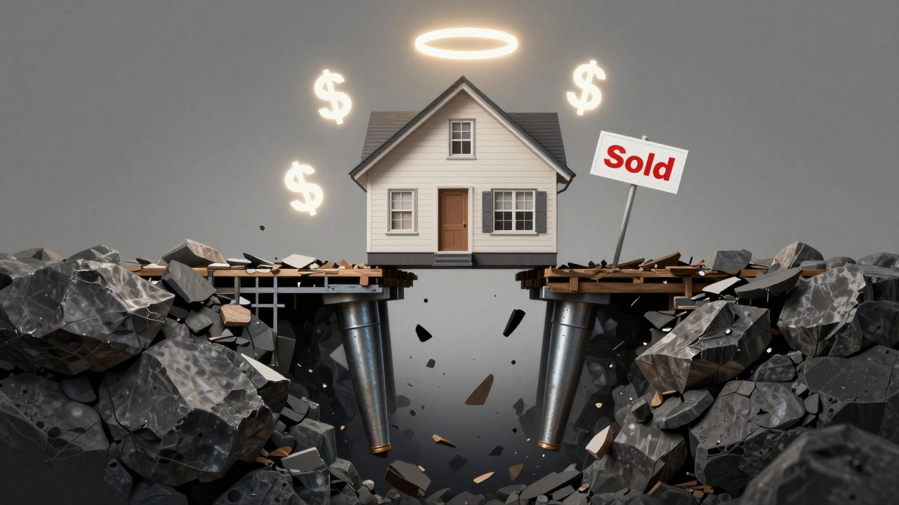 A house stabilized by deep steel piers, with crumbling foundation below and rising value symbols above.