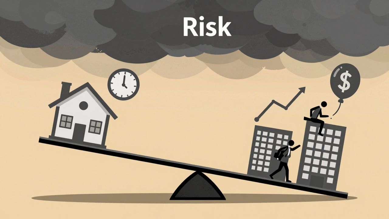 A symbolic scale comparing residential stability with commercial risk using icons and storm clouds.