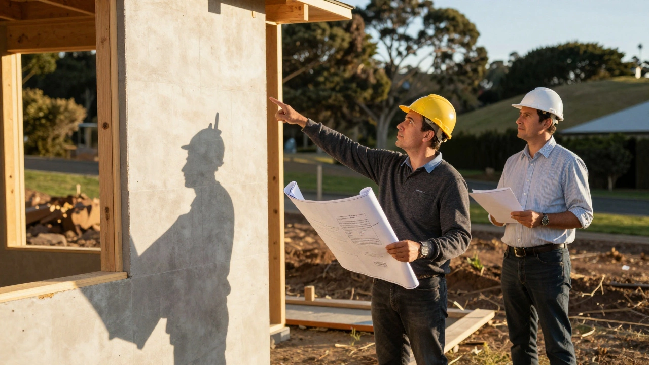 An architect on a construction site pointing to blueprints while a builder looks up, with council inspector and sloped landscape in background.