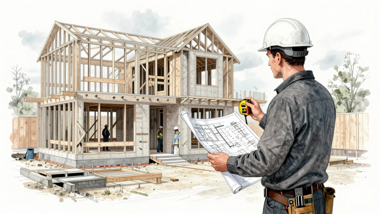 Architect inspecting a construction site with blueprints and measuring tape.
