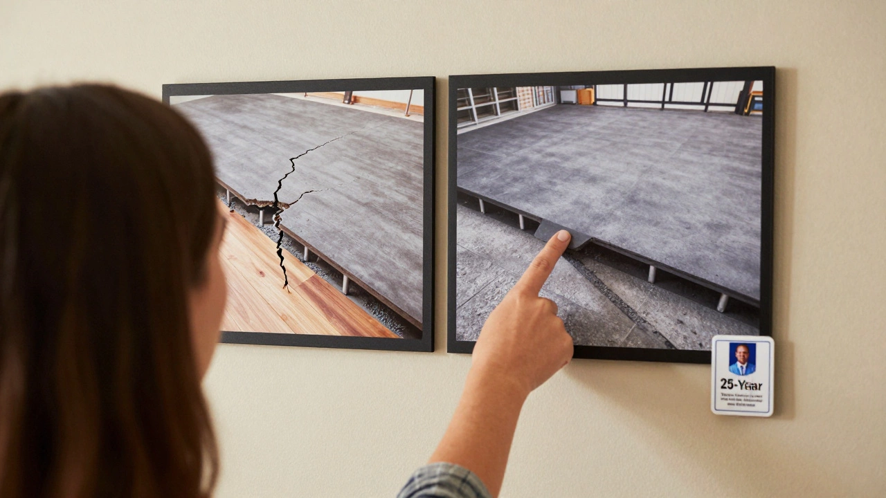 Before-and-after photos of foundation repair on a wall, with warranty and contractor credentials displayed clearly.