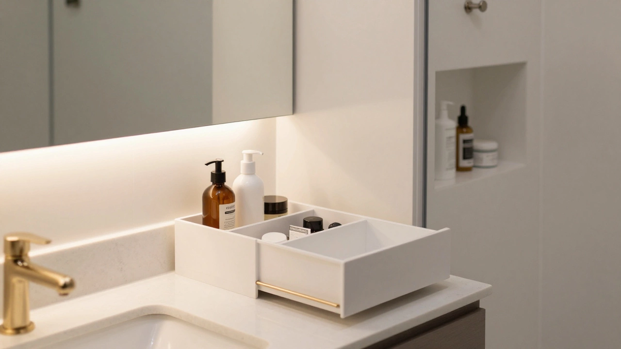 Clutter-free bathroom with smart storage: recessed cabinet, under-sink drawers, and shower niches.
