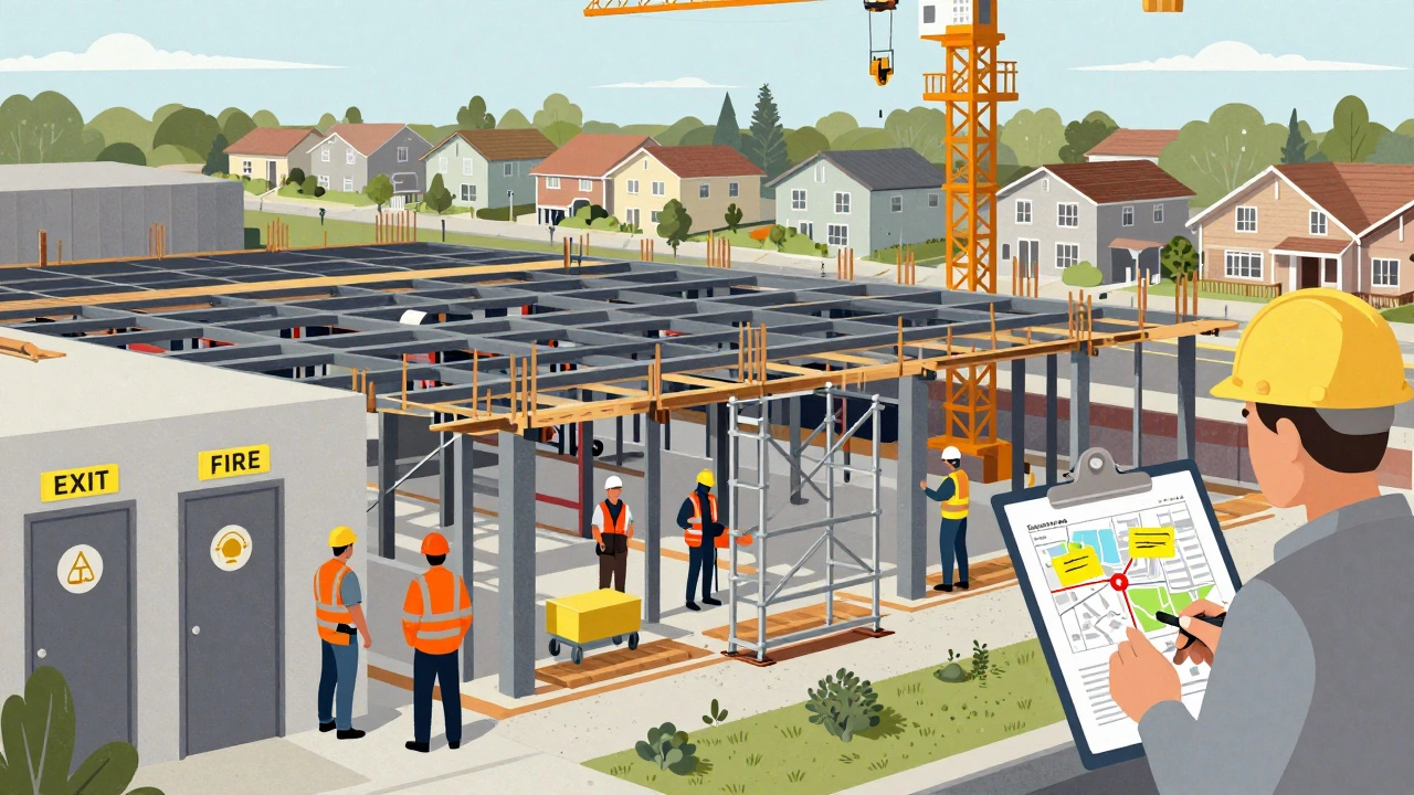 Commercial building under construction with inspectors checking fire exits and zoning maps.