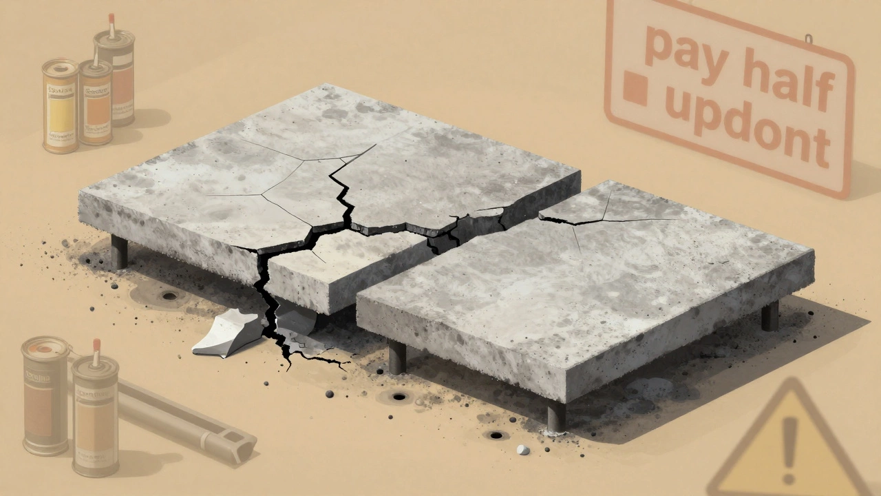 Concrete slab being lifted by foam injection, with before-and-after comparison and repair red flags.