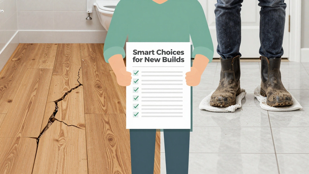 Contrast of damaged hardwood in bathroom versus durable porcelain tile in entryway.