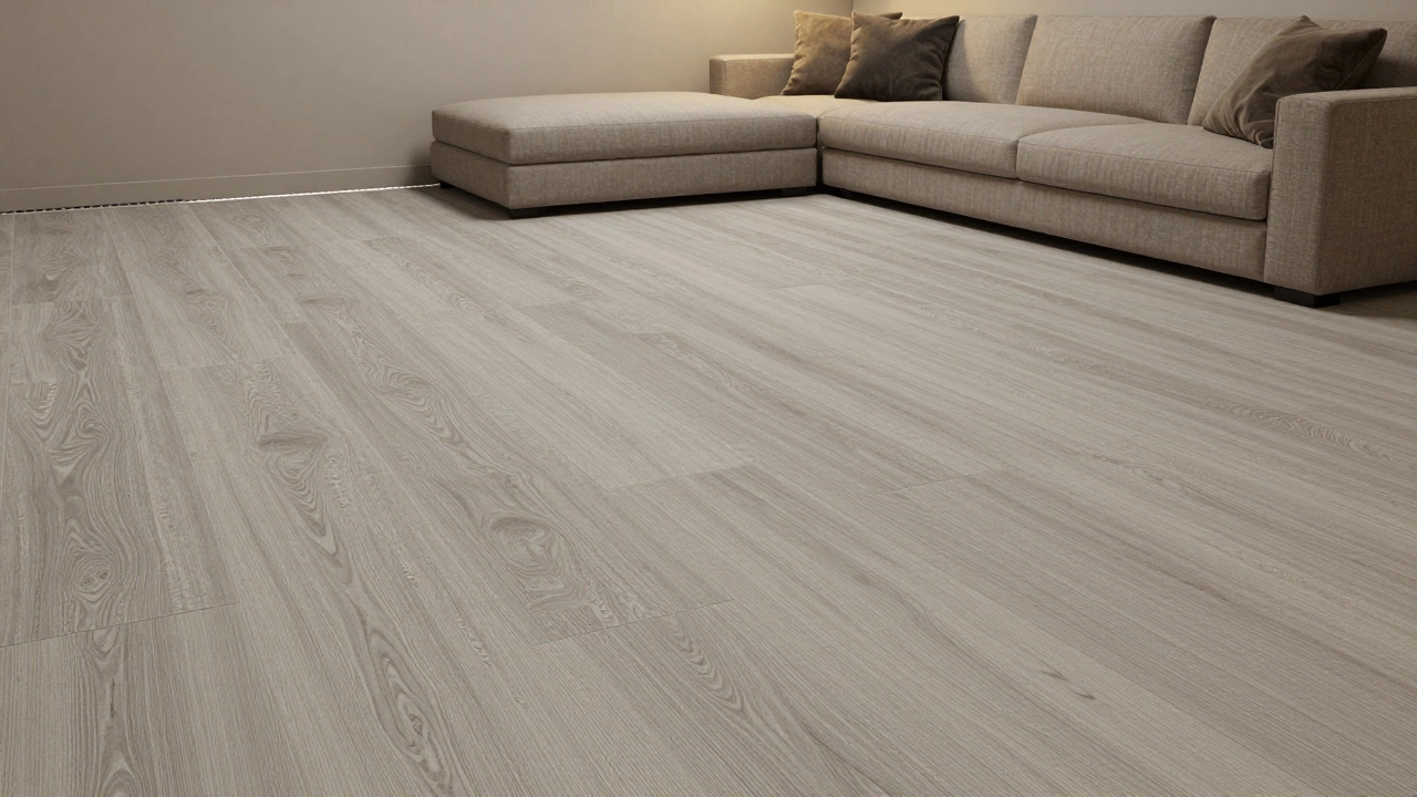 Cozy basement with stone-textured LVT flooring and radiant heat, soft lighting.