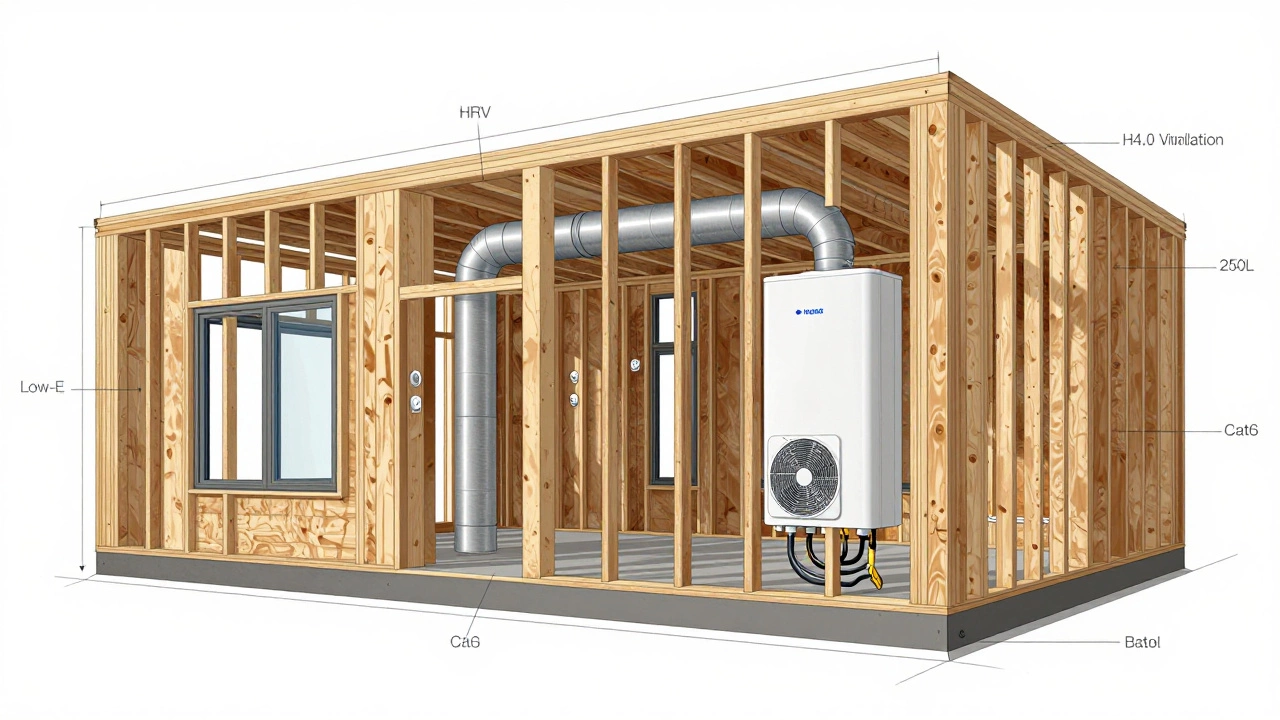 Cross-section of a new build home showing insulation, HRV system, heat pump, and structural elements in technical style.