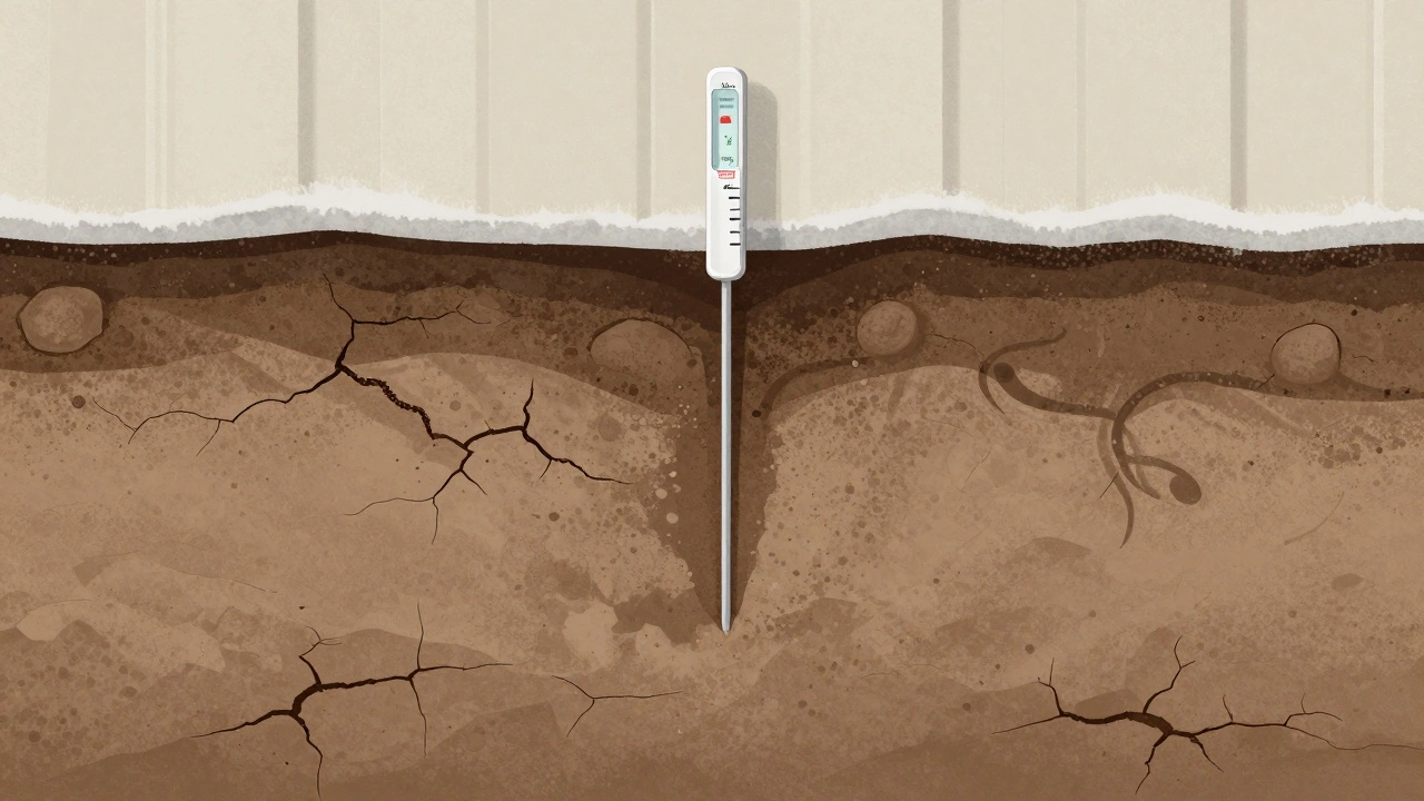 Cross-section of clay soil shrinking and rehydrating around a house foundation, with a moisture meter probe in the ground.