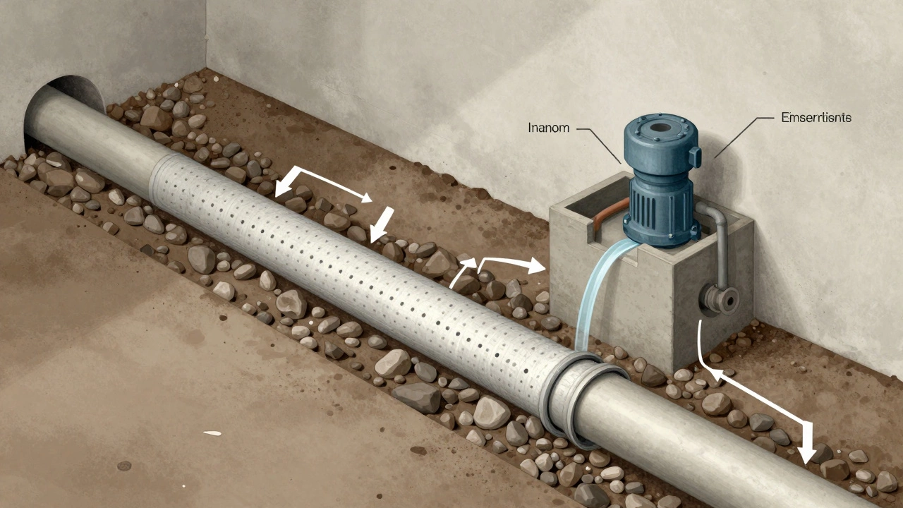 Cross-section of interior basement drainage system with pipe, gravel, and sump pump beneath concrete floor.