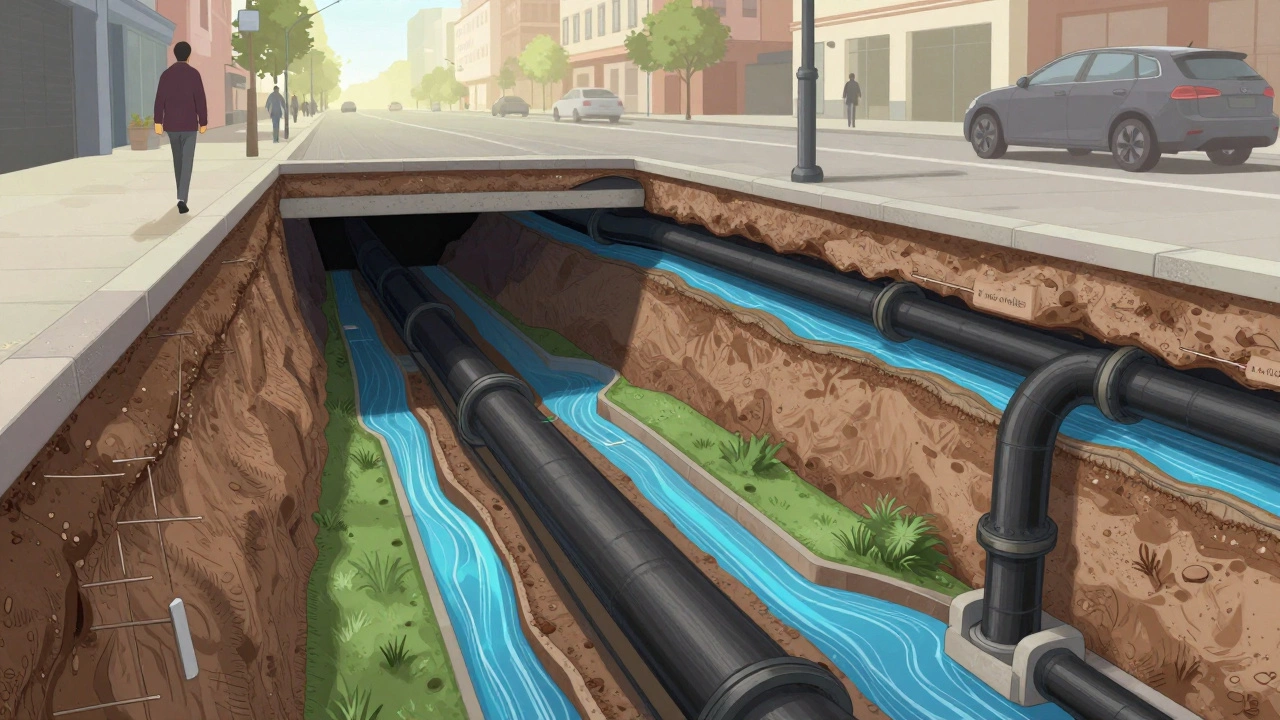 Cross-section of underground water, sewage, and stormwater systems beneath a city street.