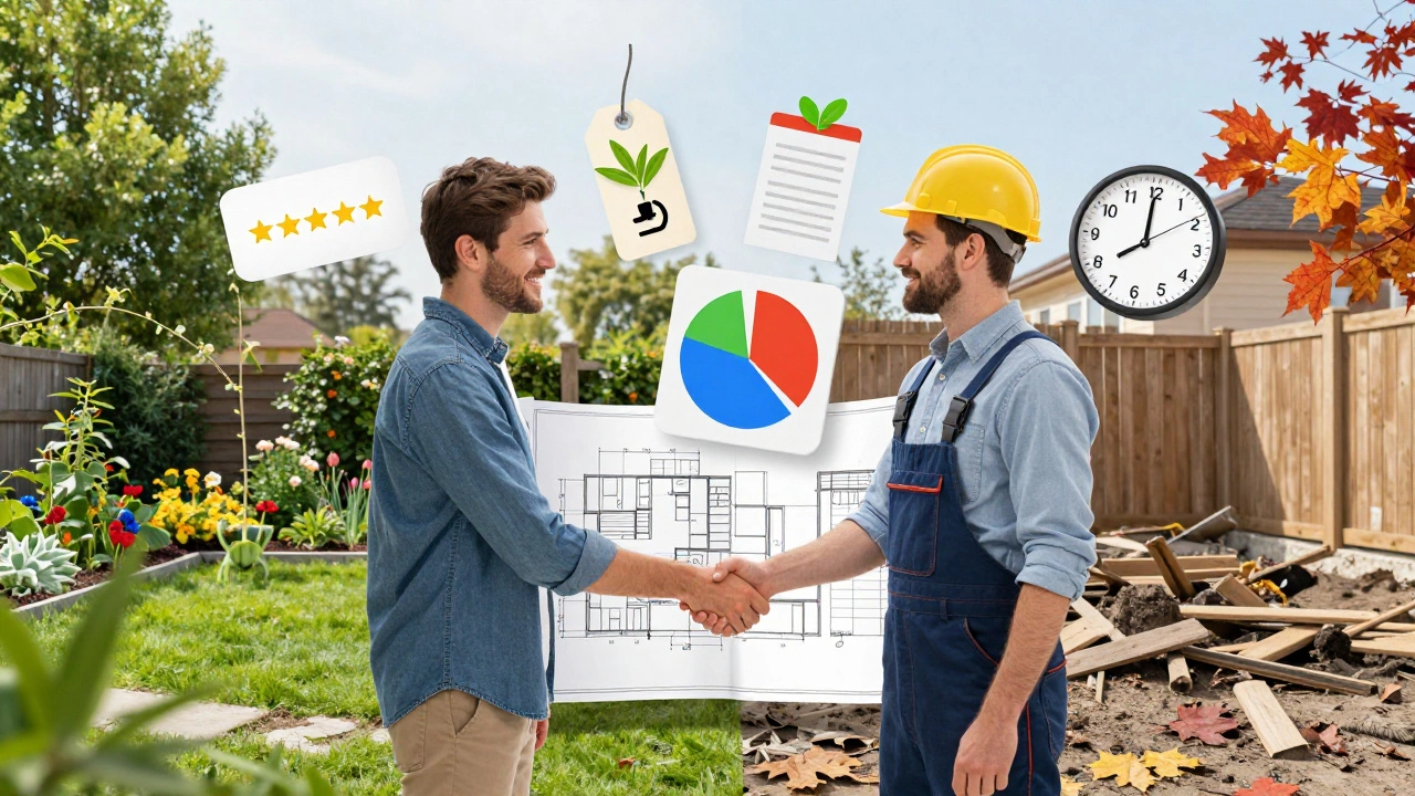 Handshake between homeowner and landscaper with symbols of warranty, payment plan, and seasonal timing.