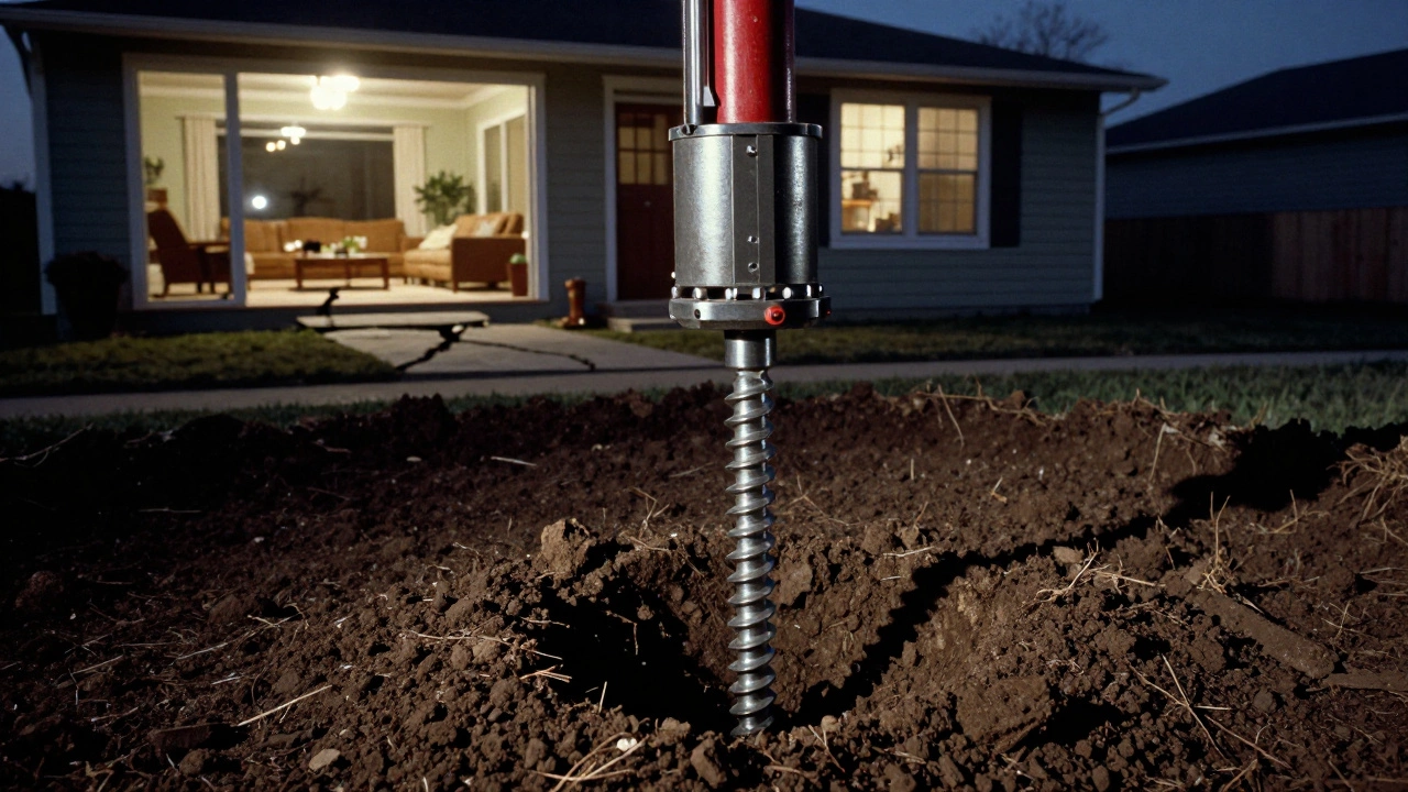 Helical piers being screwed into clay soil under a home with noticeable floor slope.