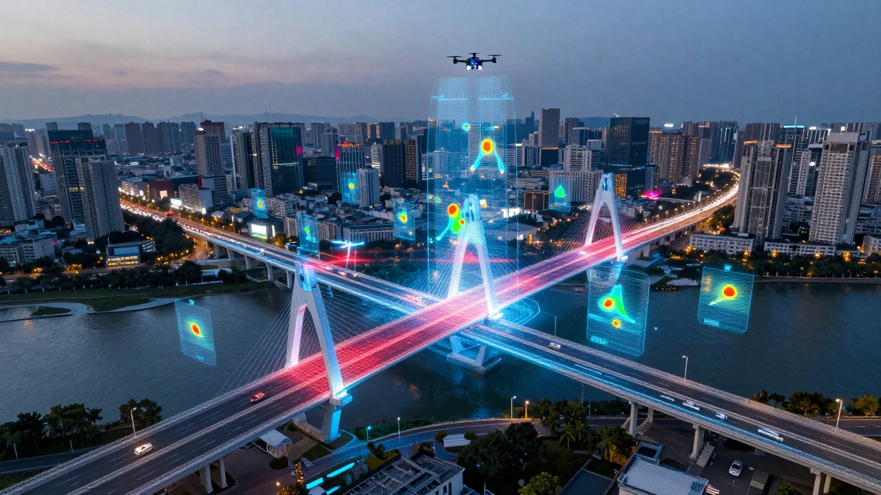 Holographic digital twin of a city's infrastructure with drones and AI data overlays.