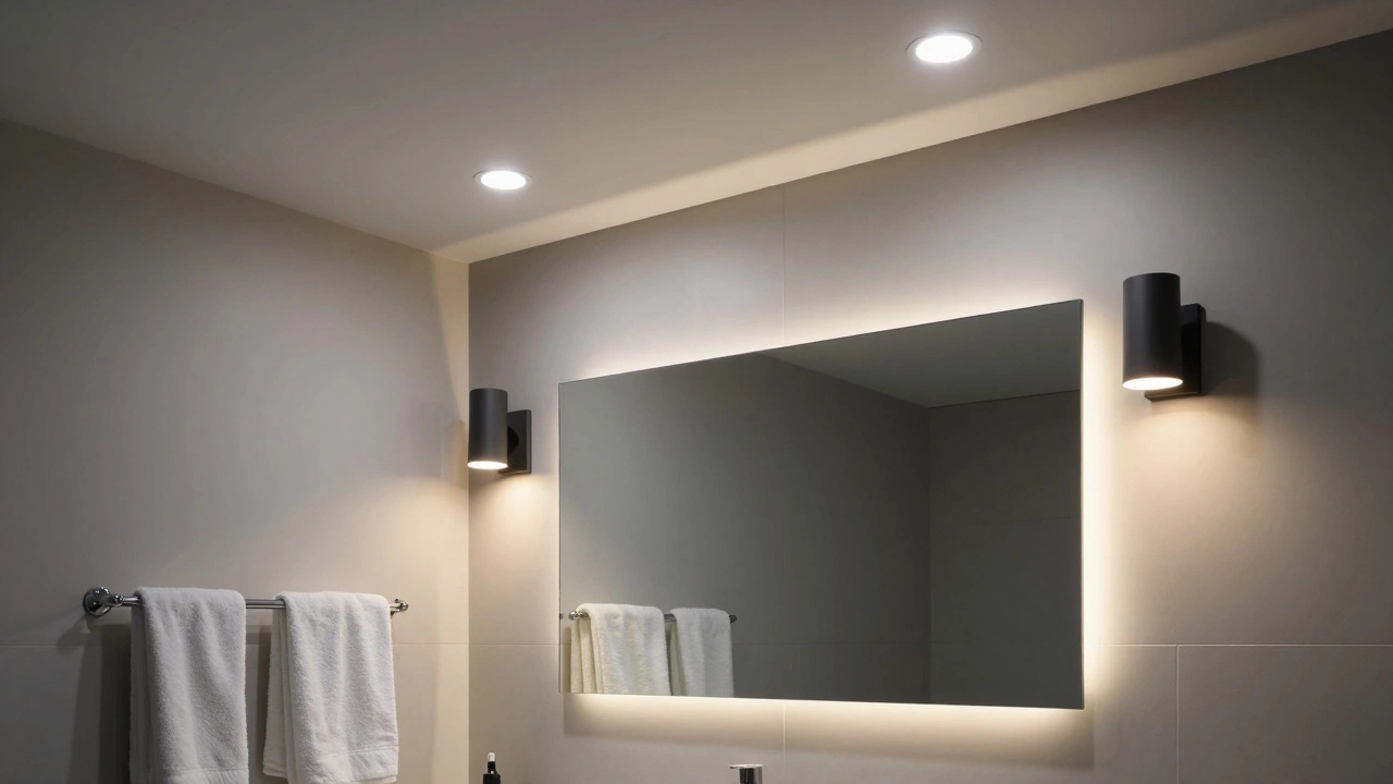 Layered bathroom lighting with ambient, task, and accent sources enhancing space quality.