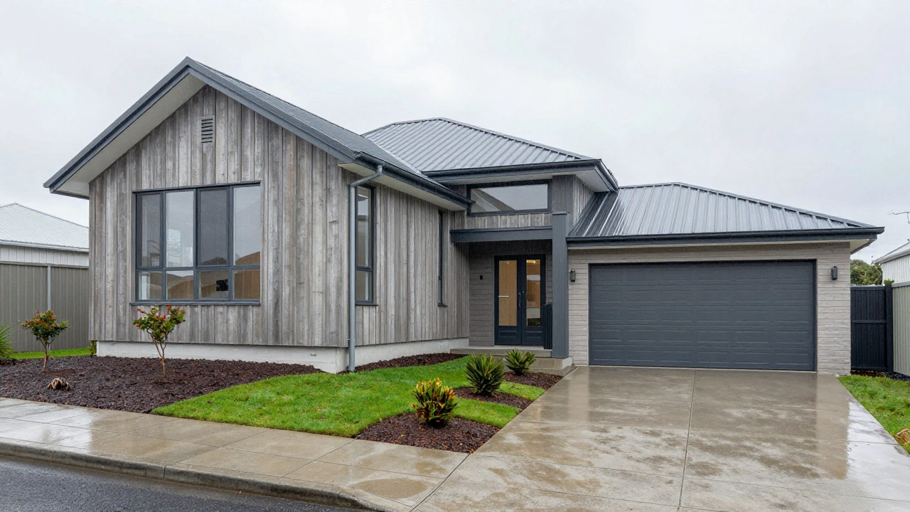 New build house on a sloped site with metal roof, gutters, concrete driveway, and basic turf landscaping in Wellington.