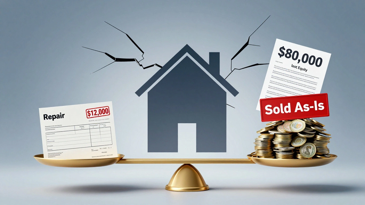Scale comparing affordable foundation repair cost to massive lost home equity and insurance denial.