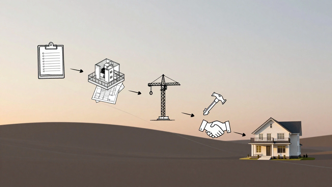 Seven stages of architectural service illustrated as icons along a path to a finished home.