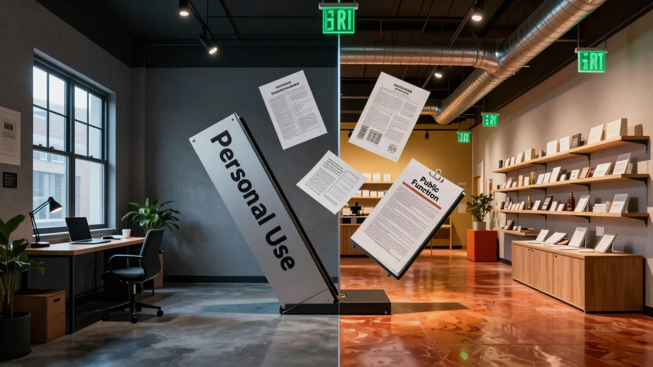 Split image comparing home office to retail space, highlighting commercial building requirements.