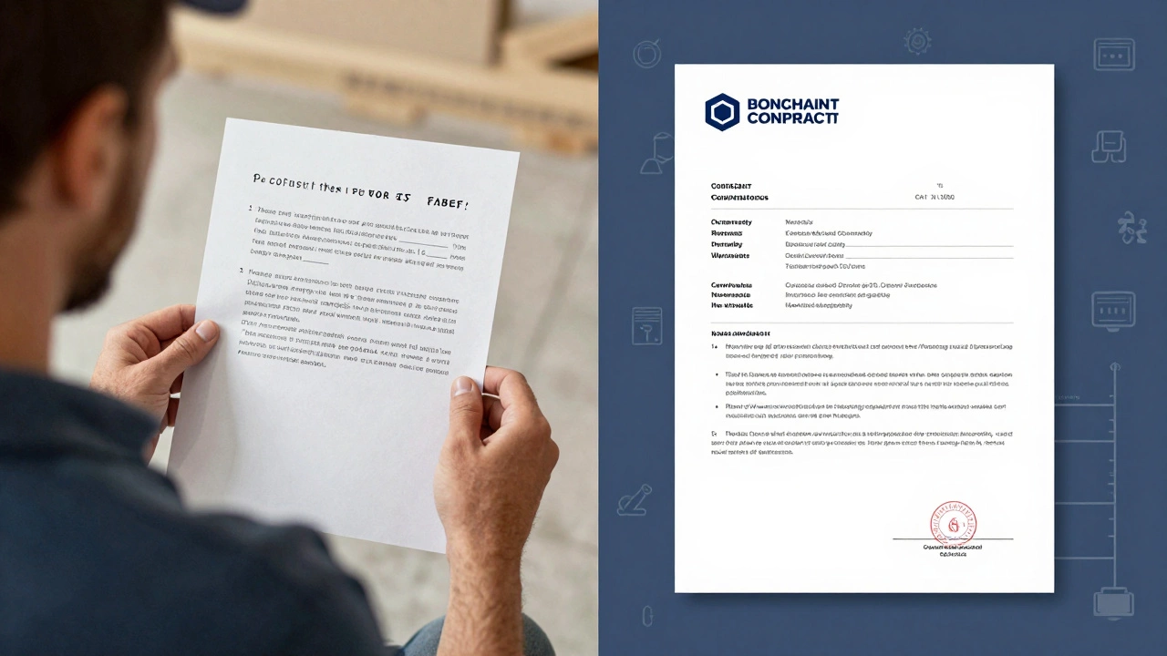 Split-screen: messy handwritten quote vs. professional contract with warranty details.