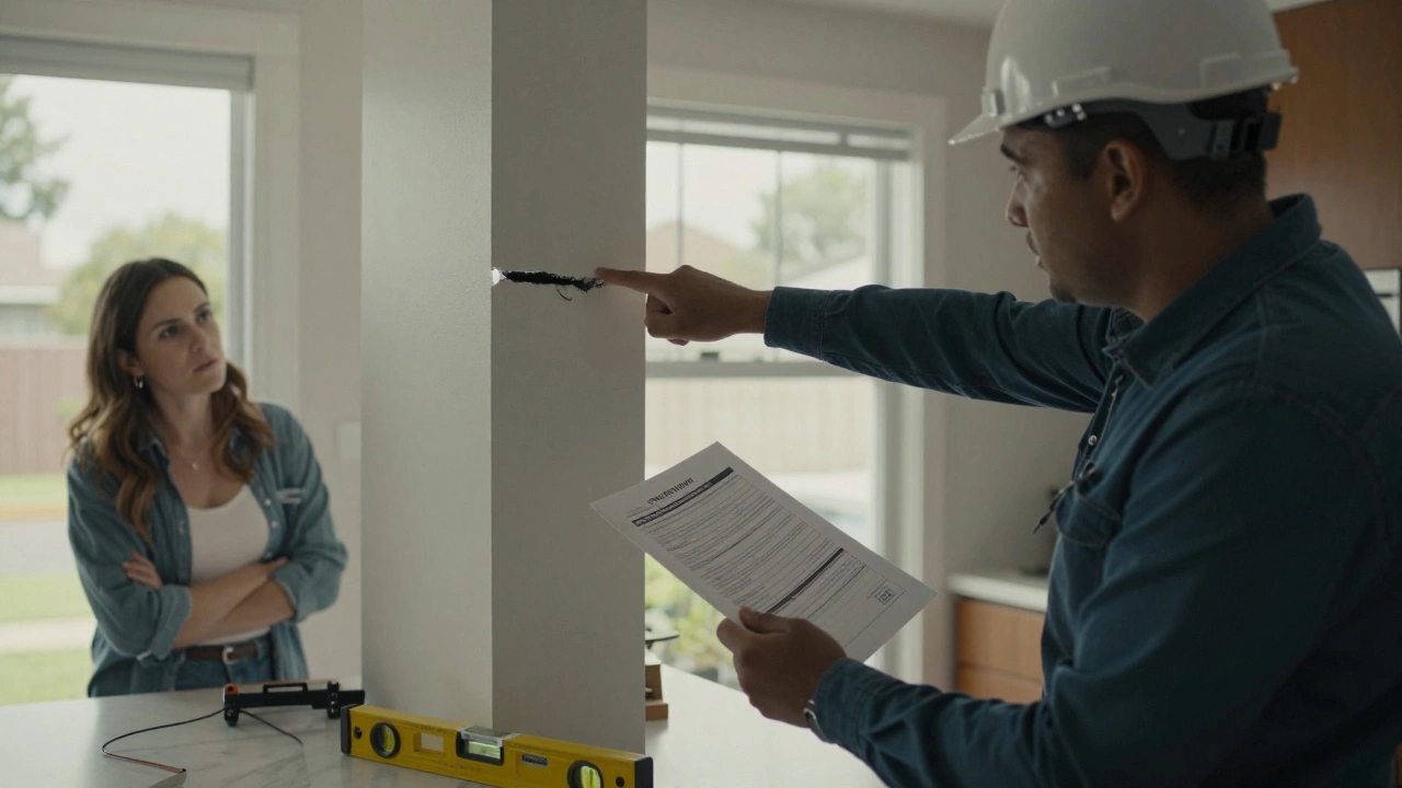 Structural engineer examining a gap under a load-bearing wall with a homeowner observing in a kitchen.
