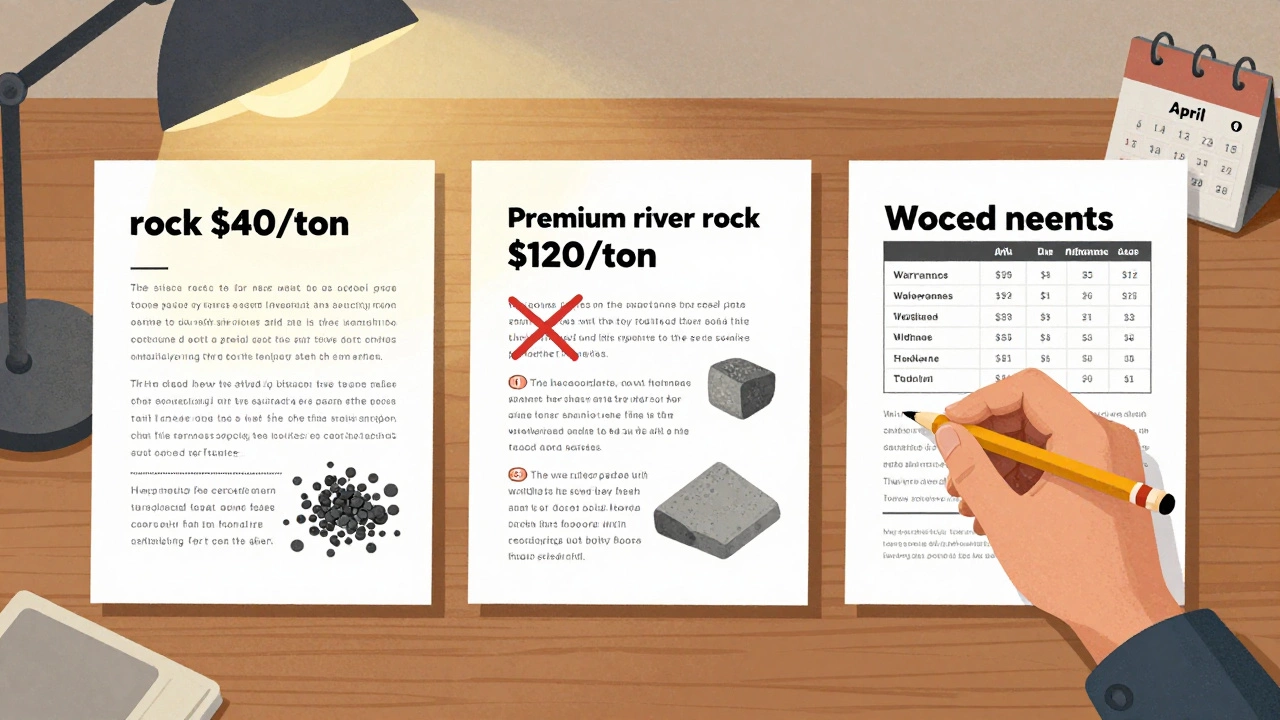 Three landscaping quotes compared on a table with material costs and timelines visible.