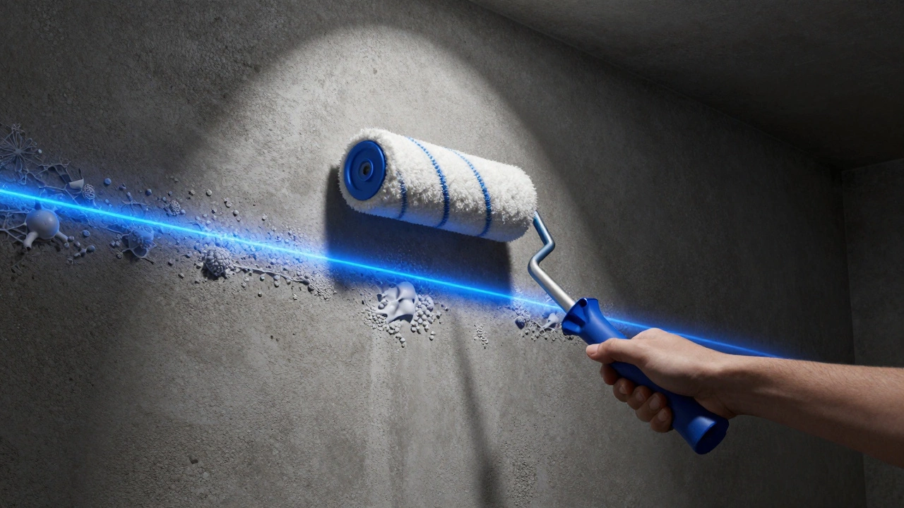 Waterproof coating being rolled onto concrete wall with glowing crystalline barrier forming inside the material.