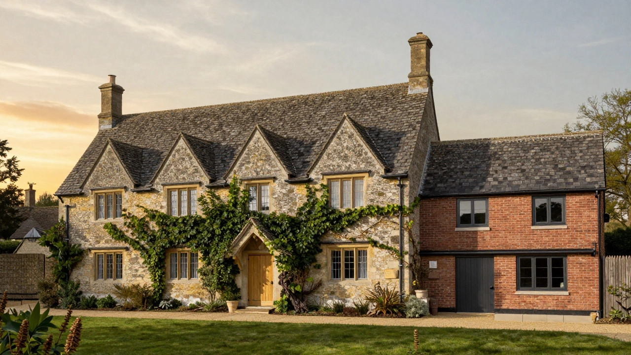 A centuries-old stone farmhouse in the English countryside with deep eaves and elevated foundation.