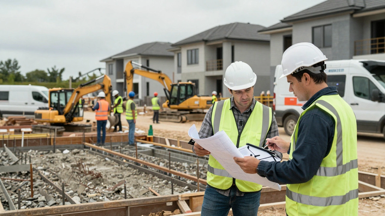 A construction company team managing a large home development site with machinery and blueprints.