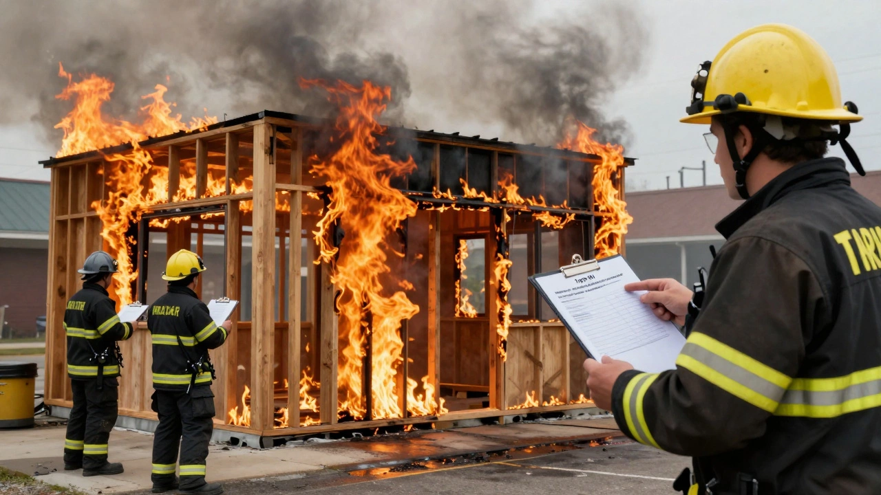 Burning retail building with wooden framing as fire inspectors examine mismatched permits.