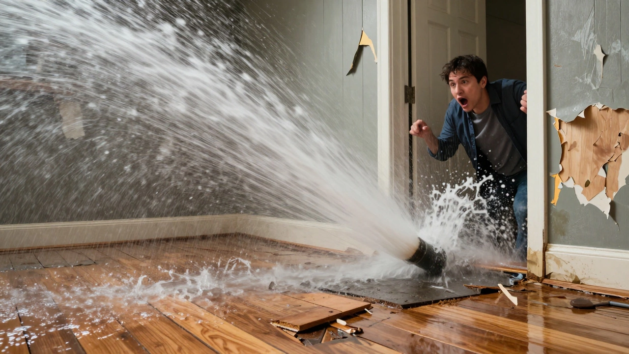 Burst pipe under a home's slab causing sudden water flood in a basement.
