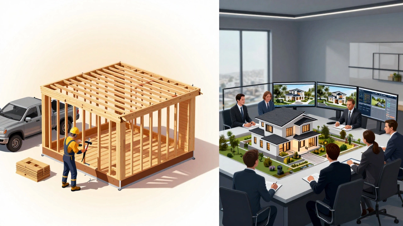 Contrasting scene: solo builder on a small deck vs construction company team in an office with 3D models.