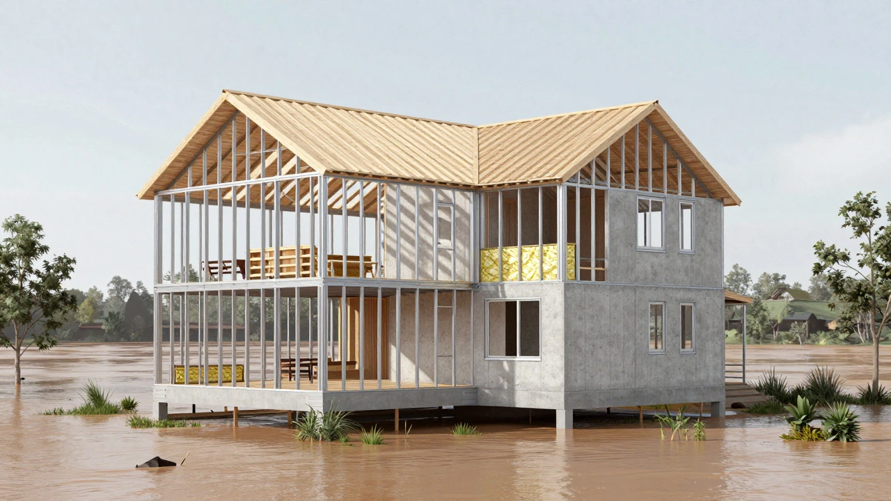 Cross-section of a durable home showing insulation, sealing, and elevated foundation for long-term resilience.