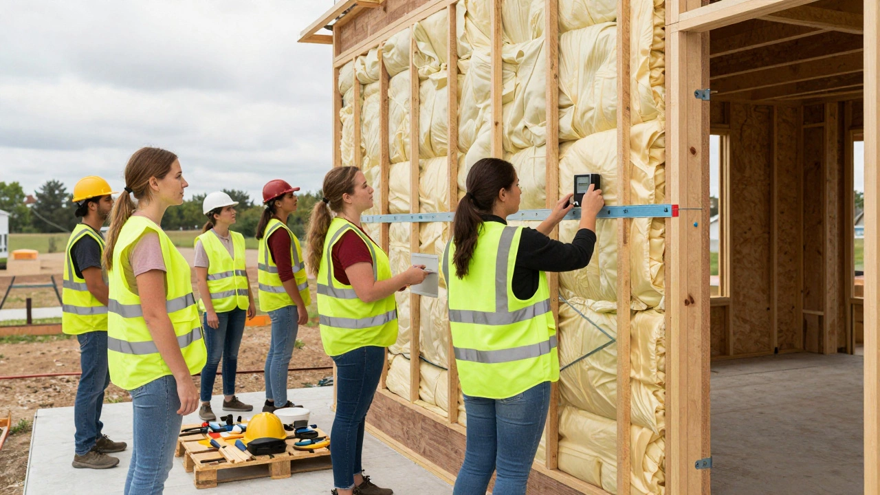 Diverse construction team installing insulation and conducting air-sealing test.