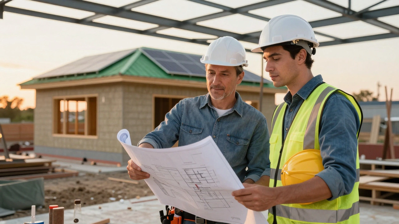 Experienced builder mentoring apprentice beside a net-zero energy home under construction.