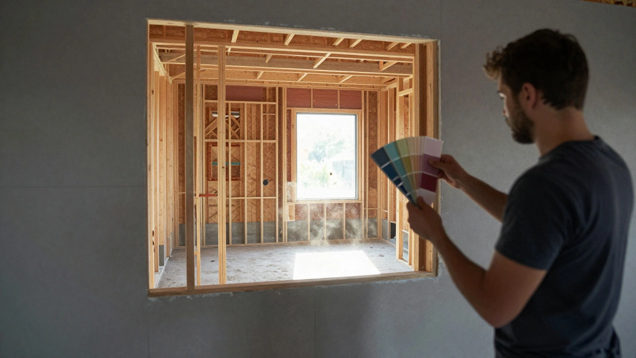 Half-built house showing hidden structural elements behind visible interior finishes like drywall and paint.