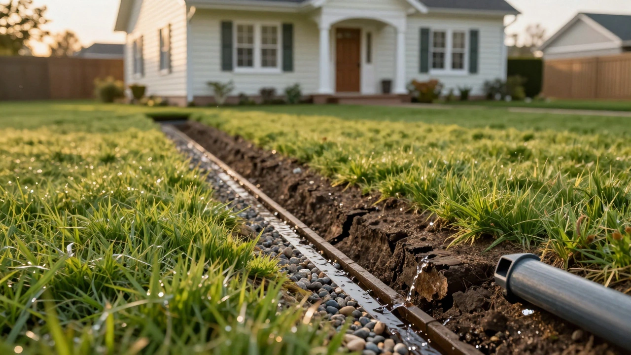 Home with downspouts and French drain directing water away from foundation.